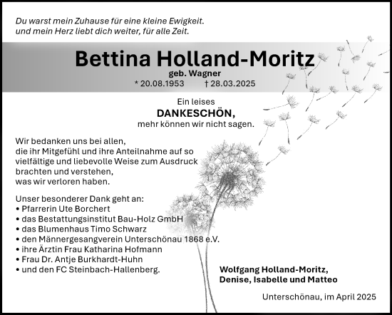 Traueranzeige von Bettina Holland-Moritz von Südthüringer Presse