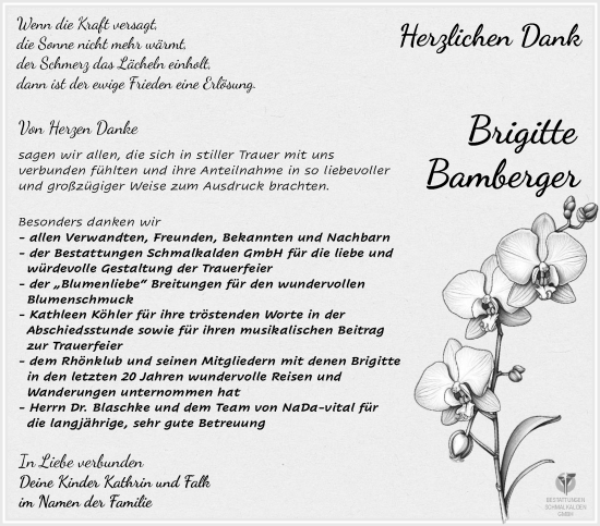 Traueranzeige von Brigitte Bamberger von Südthüringer Presse