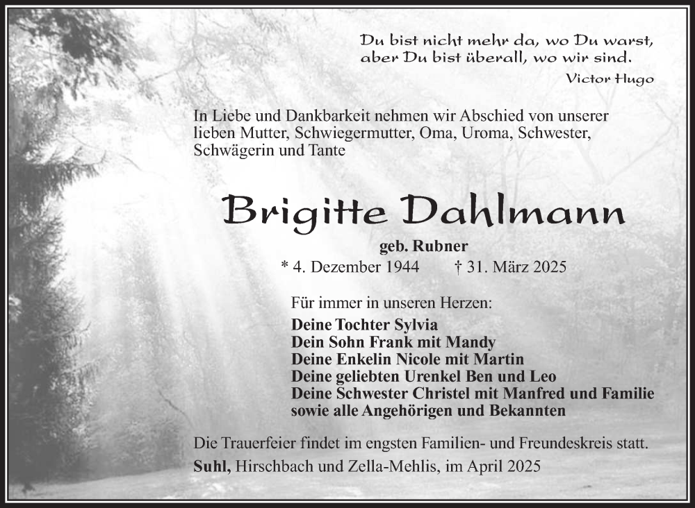  Traueranzeige für Brigitte Dahlmann vom 05.04.2025 aus Südthüringer Presse