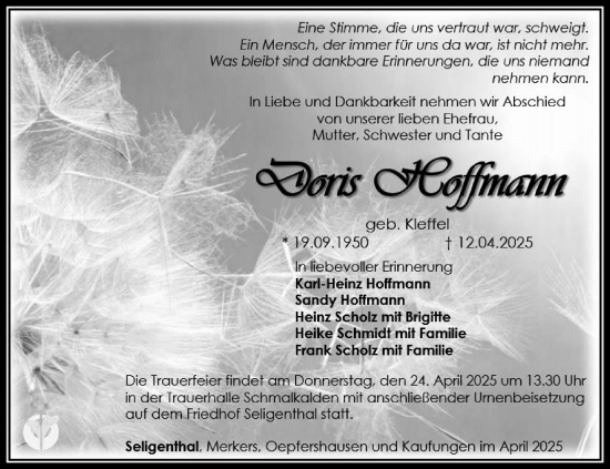 Traueranzeige von Doris Hoffmann von Südthüringer Presse