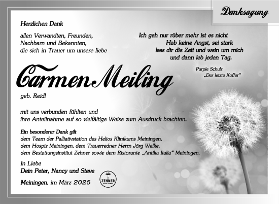 Traueranzeige von Carmen Meiling von Südthüringer Presse