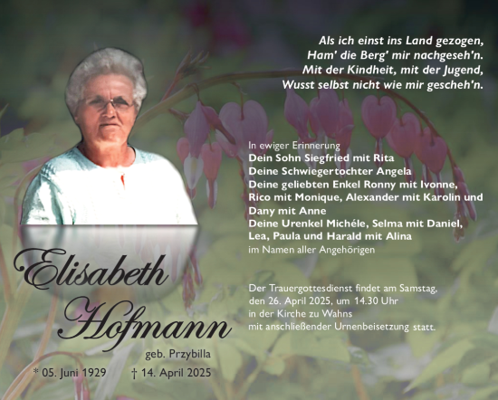 Traueranzeige von Elisabeth Hofmann von Südthüringer Presse