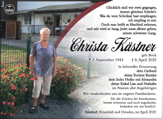 Traueranzeige von Christa Kästner von Südthüringer Presse