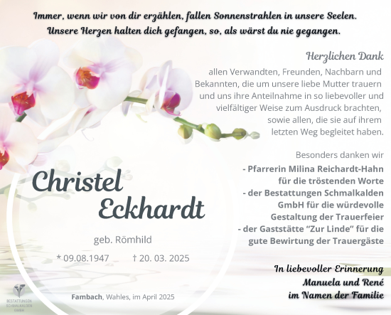 Traueranzeige von Christel Eckhardt von Südthüringer Presse