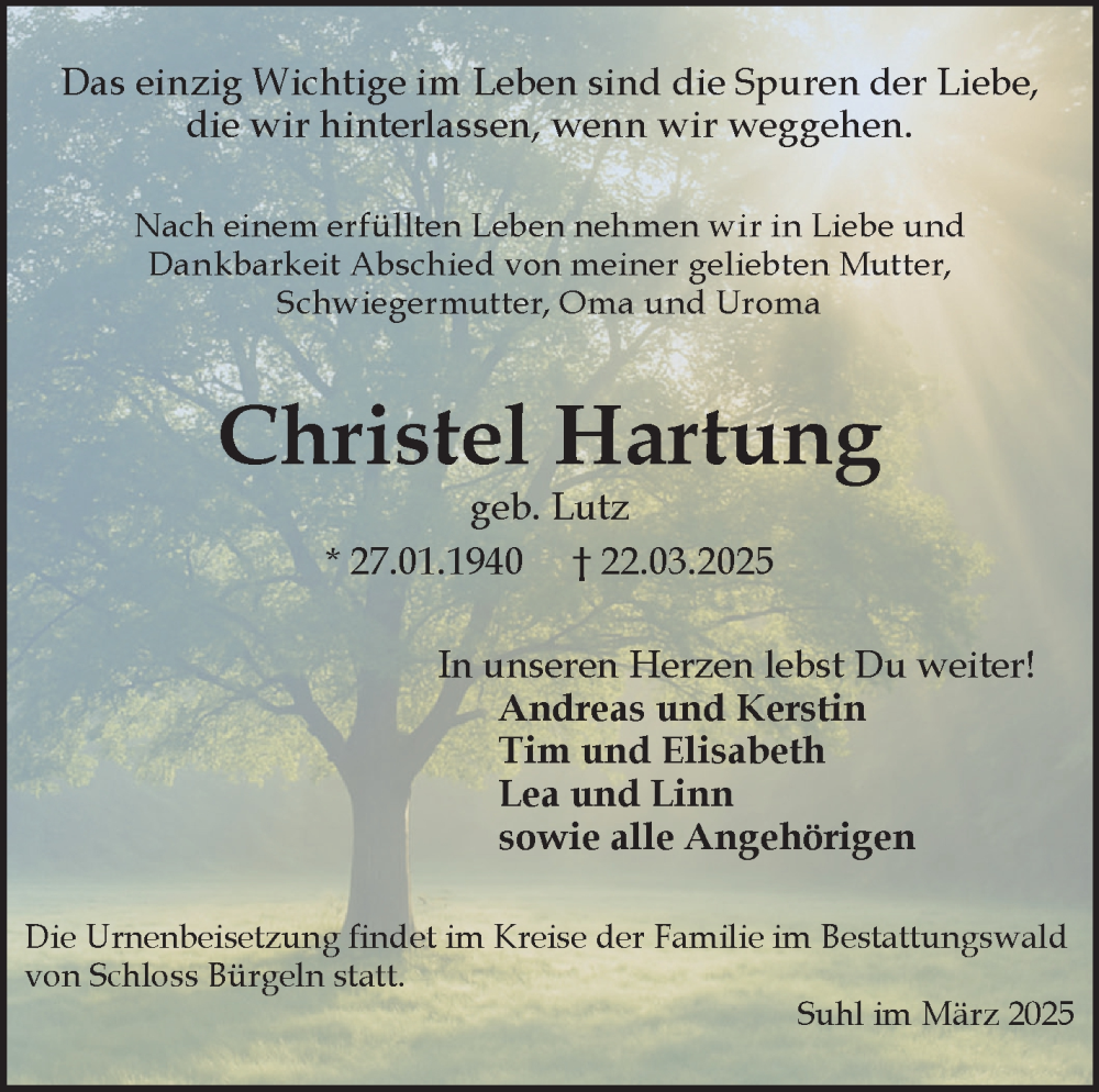  Traueranzeige für Christel Hartung vom 05.04.2025 aus Südthüringer Presse