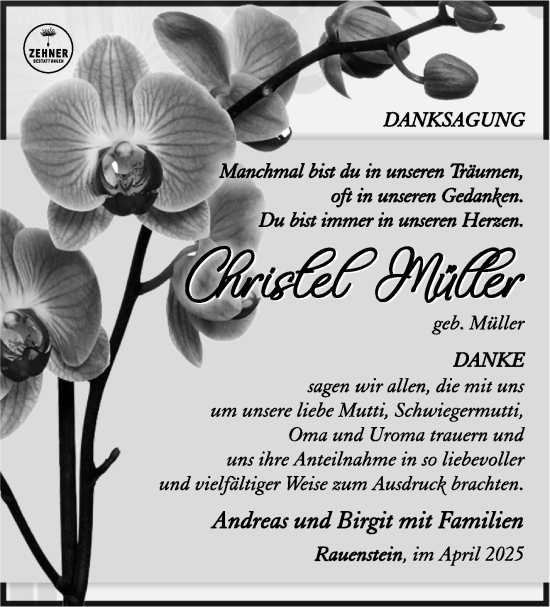 Traueranzeige von Christel Müller von Südthüringer Presse