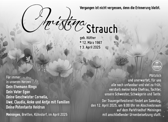 Traueranzeige von Christina Strauch von Südthüringer Presse