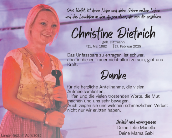Traueranzeige von Christine Dietrich von Südthüringer Presse