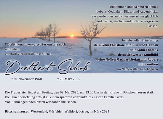 Traueranzeige von Dietbert Schob von Südthüringer Presse