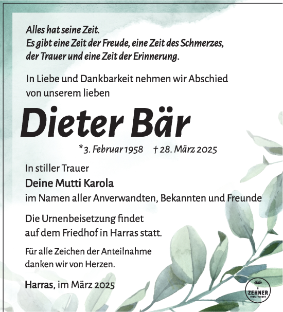 Traueranzeige von Dieter Bär von Südthüringer Presse