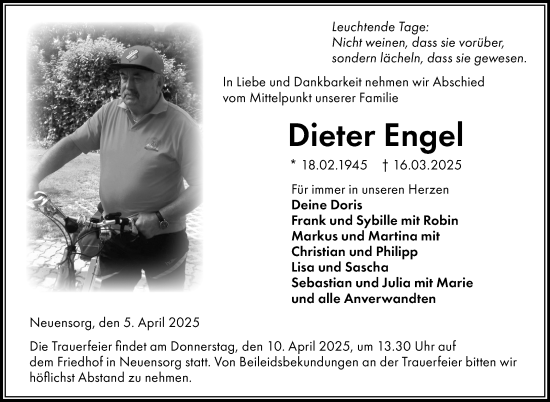 Traueranzeige von Dieter Engel von Neue Presse Coburg