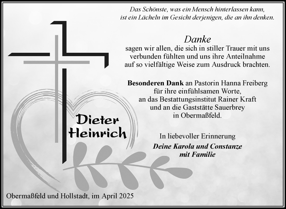  Traueranzeige für Dieter Heinrich vom 03.04.2025 aus Südthüringer Presse