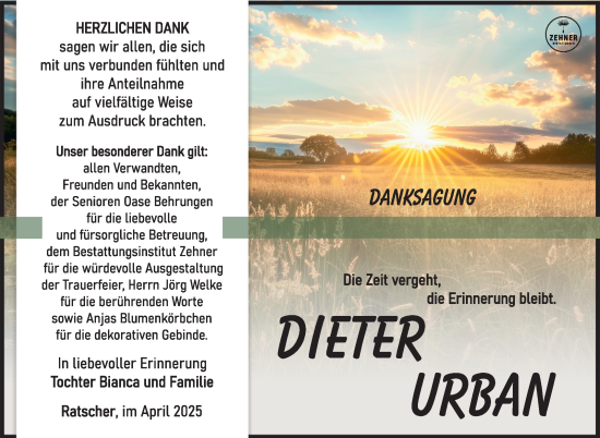 Traueranzeige von Dieter Urban von Südthüringer Presse