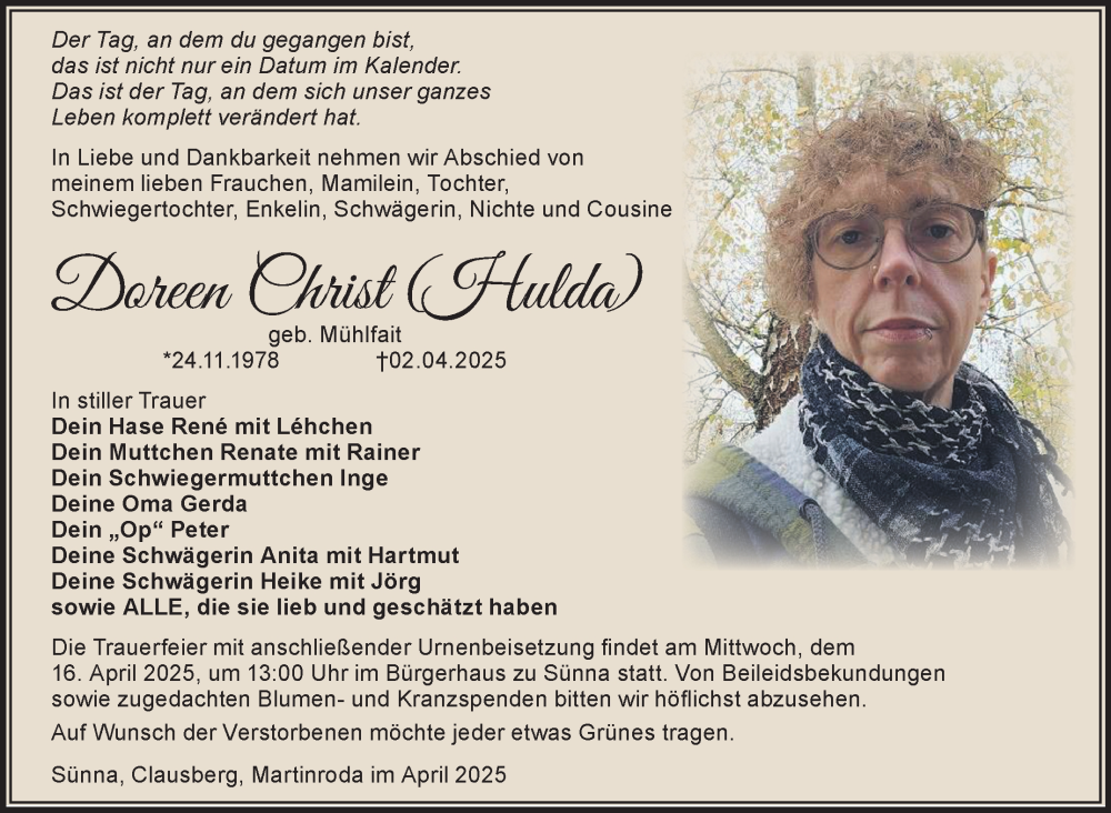  Traueranzeige für Doreen Christ vom 11.04.2025 aus Südthüringer Presse