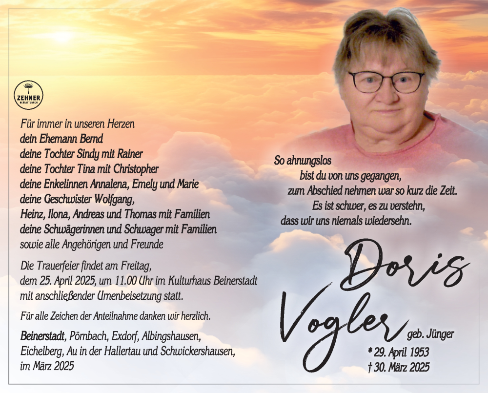  Traueranzeige für Doris Vogler vom 12.04.2025 aus Südthüringer Presse