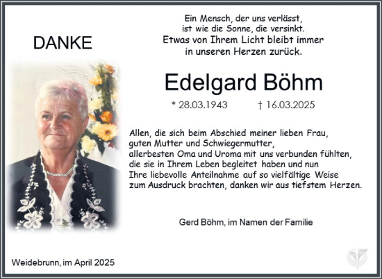 Traueranzeige von Edelgard Böhm von Südthüringer Presse