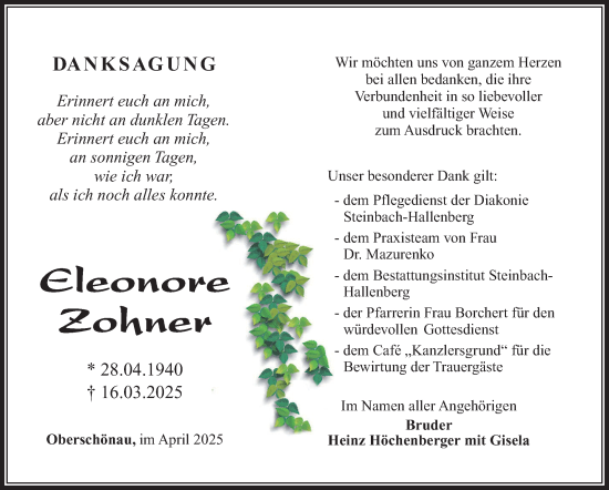 Traueranzeige von Eleonore Zohner von Südthüringer Presse