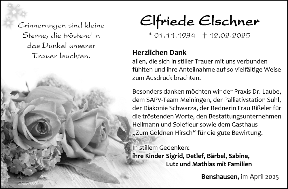  Traueranzeige für Elfriede Elschner vom 05.04.2025 aus Südthüringer Presse