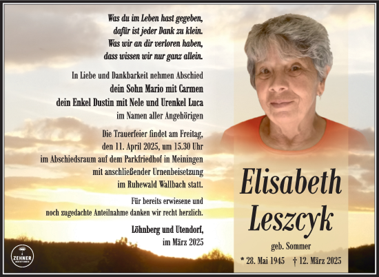 Traueranzeige von Elisabeth Leszcyk von Südthüringer Presse