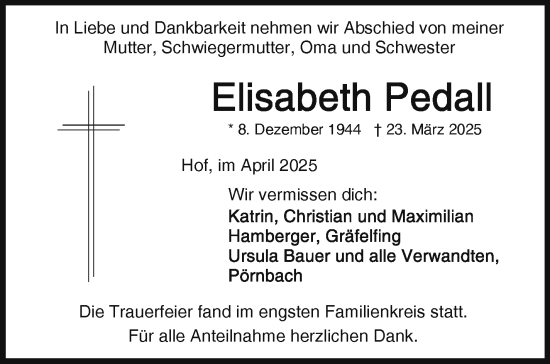 Traueranzeige von Elisabeth Pedall von Frankenpost