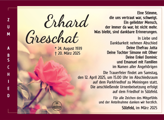 Traueranzeige von Erhard Greschat von Südthüringer Presse