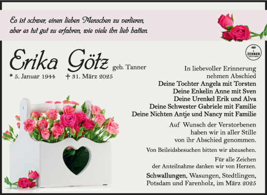 Traueranzeige von Erika Götz von Südthüringer Presse