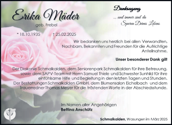 Traueranzeige von Erika Mäder von Südthüringer Presse
