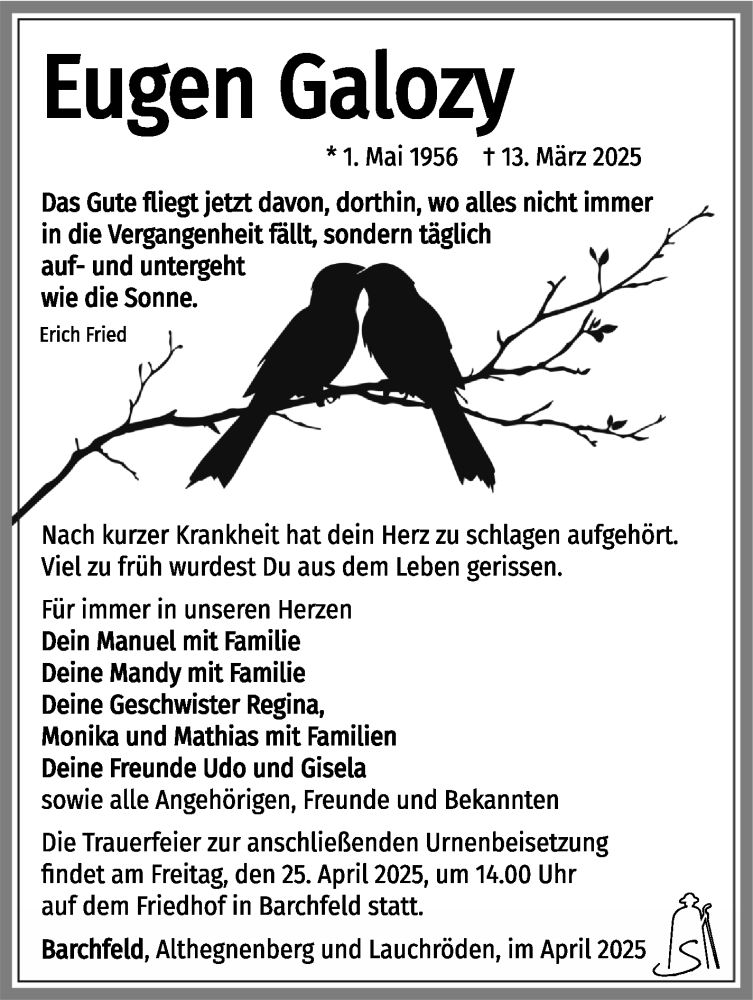  Traueranzeige für Eugen Galozy vom 19.04.2025 aus Südthüringer Presse