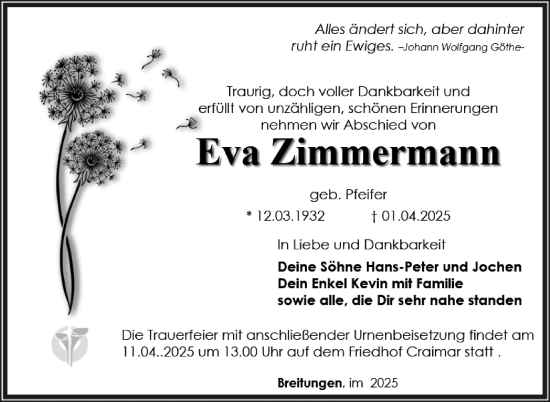 Traueranzeige von Eva Zimmermann von Südthüringer Presse