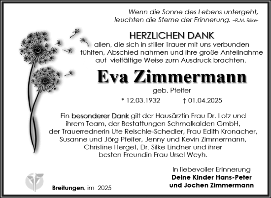 Traueranzeige von Eva Zimmermann von Südthüringer Presse