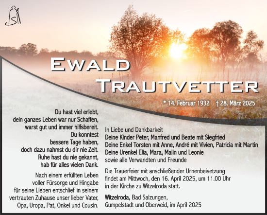 Traueranzeige von Ewald Trautvetter von Südthüringer Presse