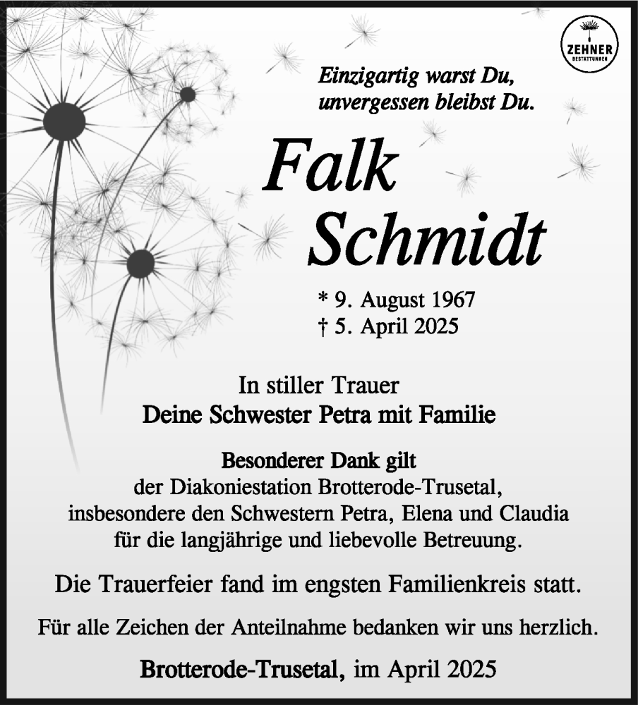 Traueranzeige für Falk Schmidt vom 19.04.2025 aus Südthüringer Presse