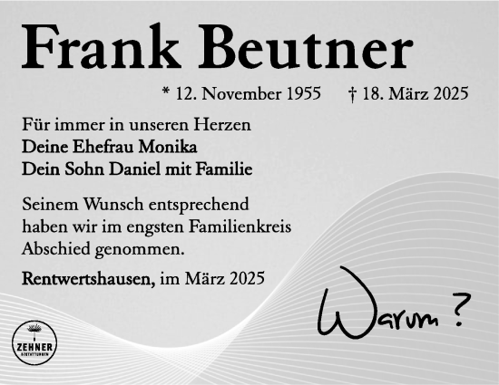 Traueranzeige von Frank Beutner von Südthüringer Presse