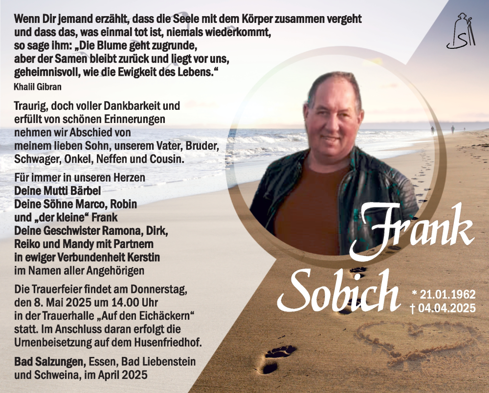  Traueranzeige für Frank Sobich vom 26.04.2025 aus Südthüringer Presse