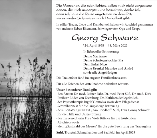 Traueranzeige von Georg Schwarz von Südthüringer Presse