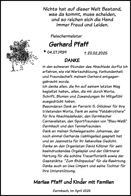 Traueranzeige von Gerhard Pfaff von Südthüringer Presse