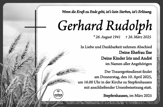 Traueranzeige von Gerhard Rudolph von Südthüringer Presse
