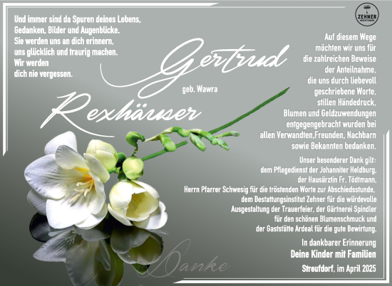 Traueranzeige von Gertrud Rexhäuser von Südthüringer Presse