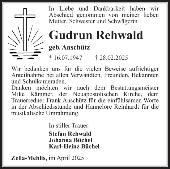 Traueranzeige von Gudrun Rehwald von Südthüringer Presse