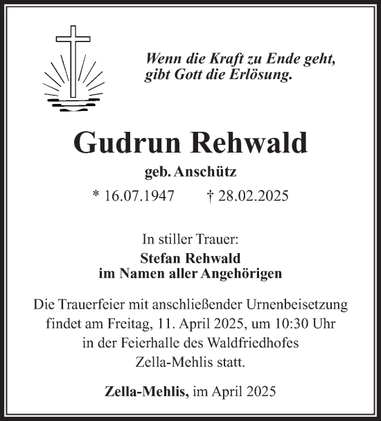 Traueranzeige von Gudrun Rehwald von Südthüringer Presse