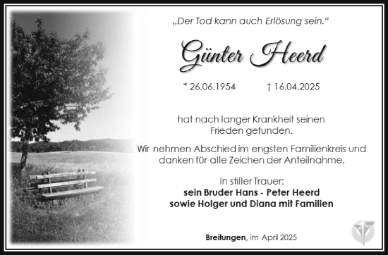 Traueranzeige von Günter Heerd von Südthüringer Presse