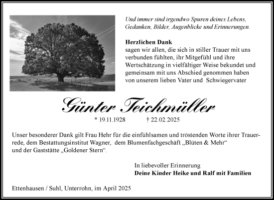 Traueranzeige von Günter Teichmüller von Südthüringer Presse