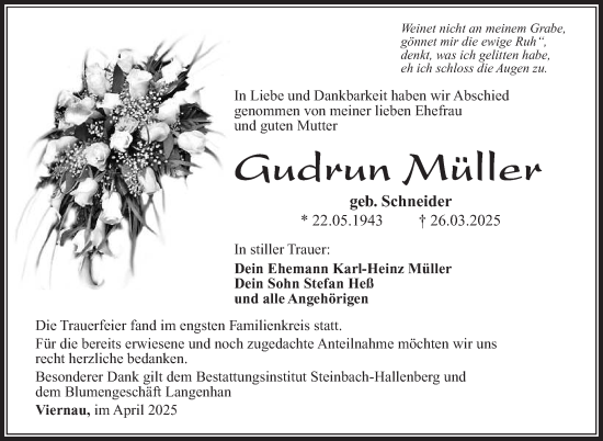 Traueranzeige von Gurdrun Müller von Südthüringer Presse