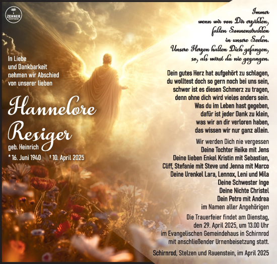 Traueranzeige von Hannelore Resinger von Südthüringer Presse