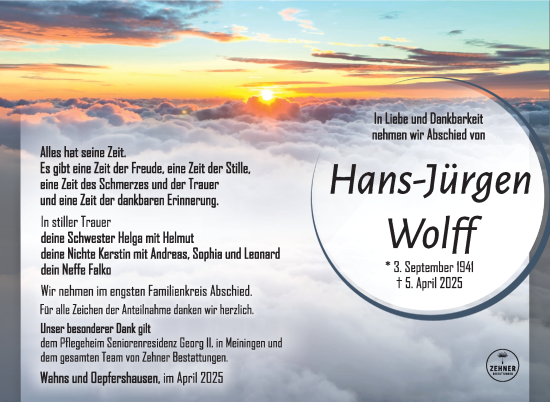 Traueranzeige von Hans-Jürgen Wolff von Südthüringer Presse