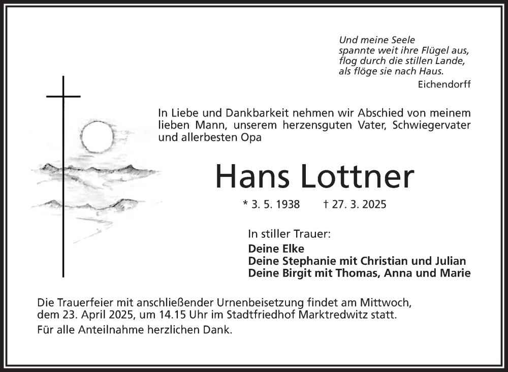  Traueranzeige für Hans Lottner vom 12.04.2025 aus Frankenpost