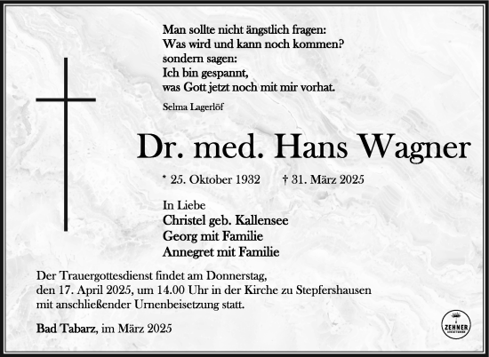 Traueranzeige von Hans Wagner von Südthüringer Presse