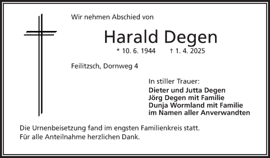 Traueranzeige von Harald Degen von Frankenpost
