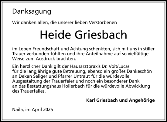 Traueranzeige von Heide Griesbach von Frankenpost