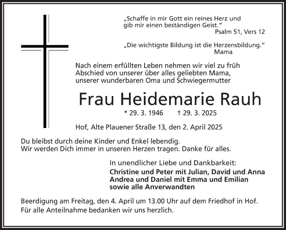  Traueranzeige für Heidemarie Rauh vom 02.04.2025 aus Frankenpost